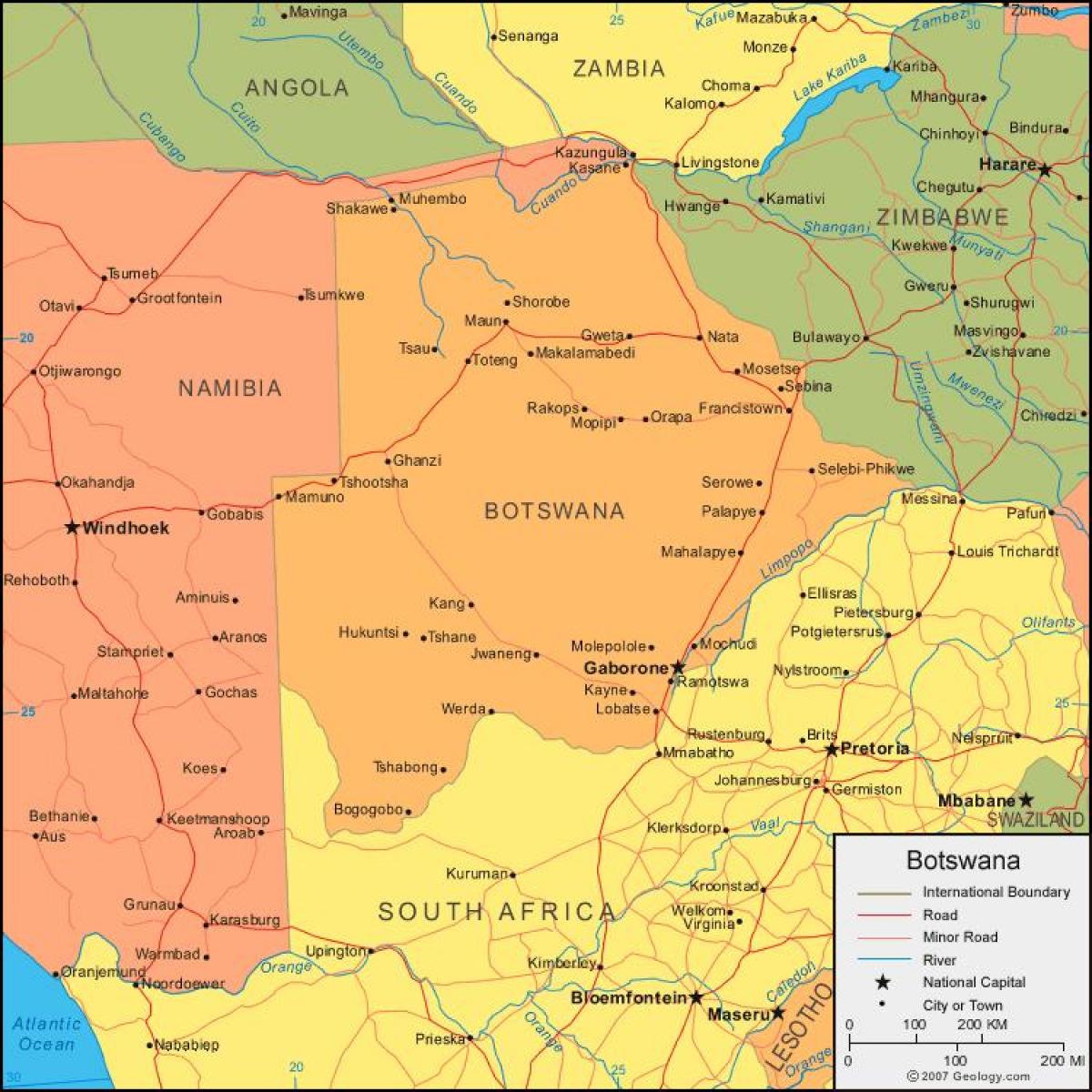 mapa de Botswana, mostrando todos los pueblos