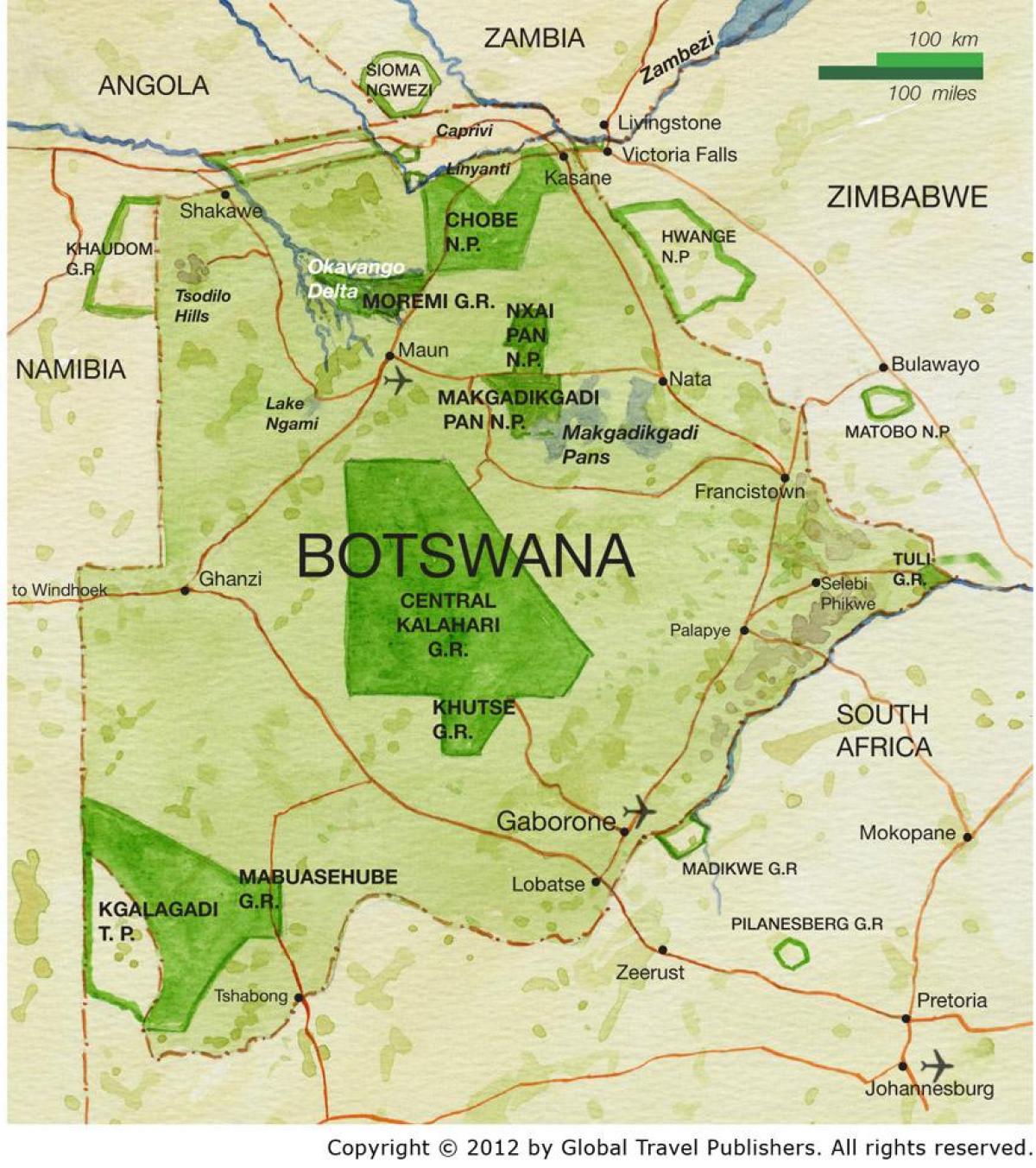 mapa de Botswana reservas de caza