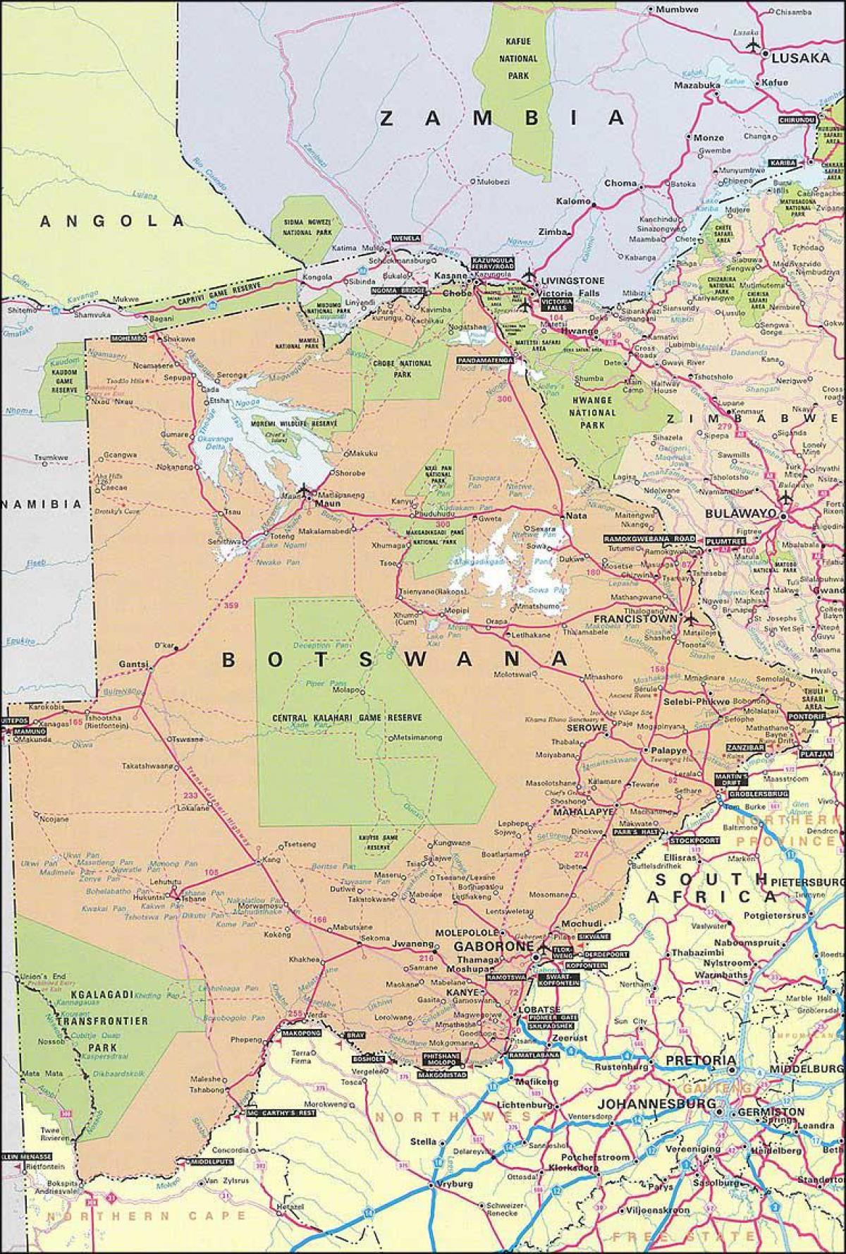 mapa detallado mapa de carreteras de Botswana