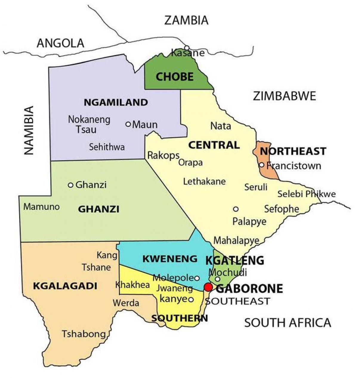 mapa de Botswana mostrando los distritos