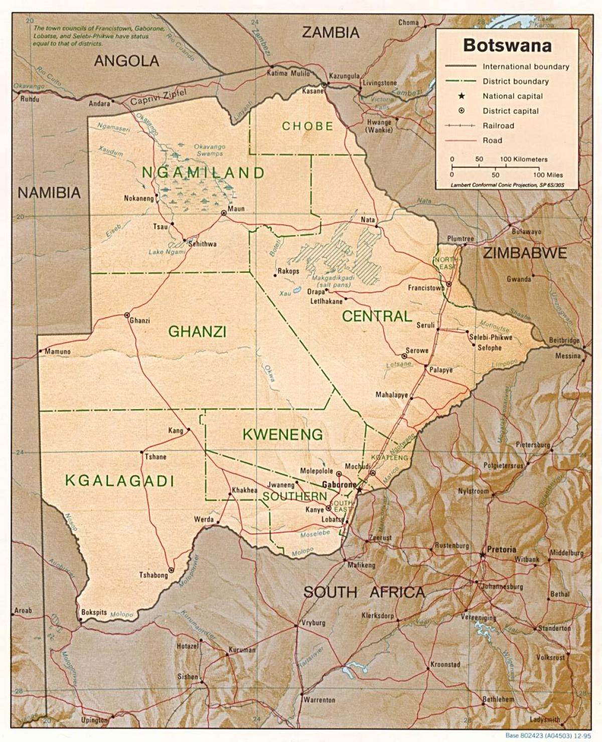 mapa de Botswana mostrando ciudades y pueblos